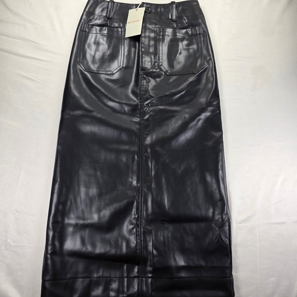 Ee:some Los Angeles Black Faux Leather Zipper Front Midi Skirt Small NWT